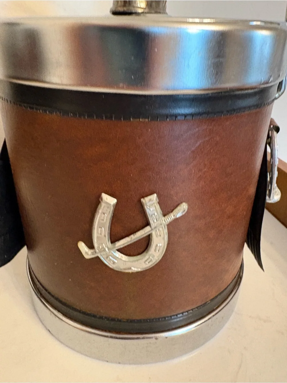 Vintage Equestrian Polo Faux Leather Ice Bucket with Horse Head Lid